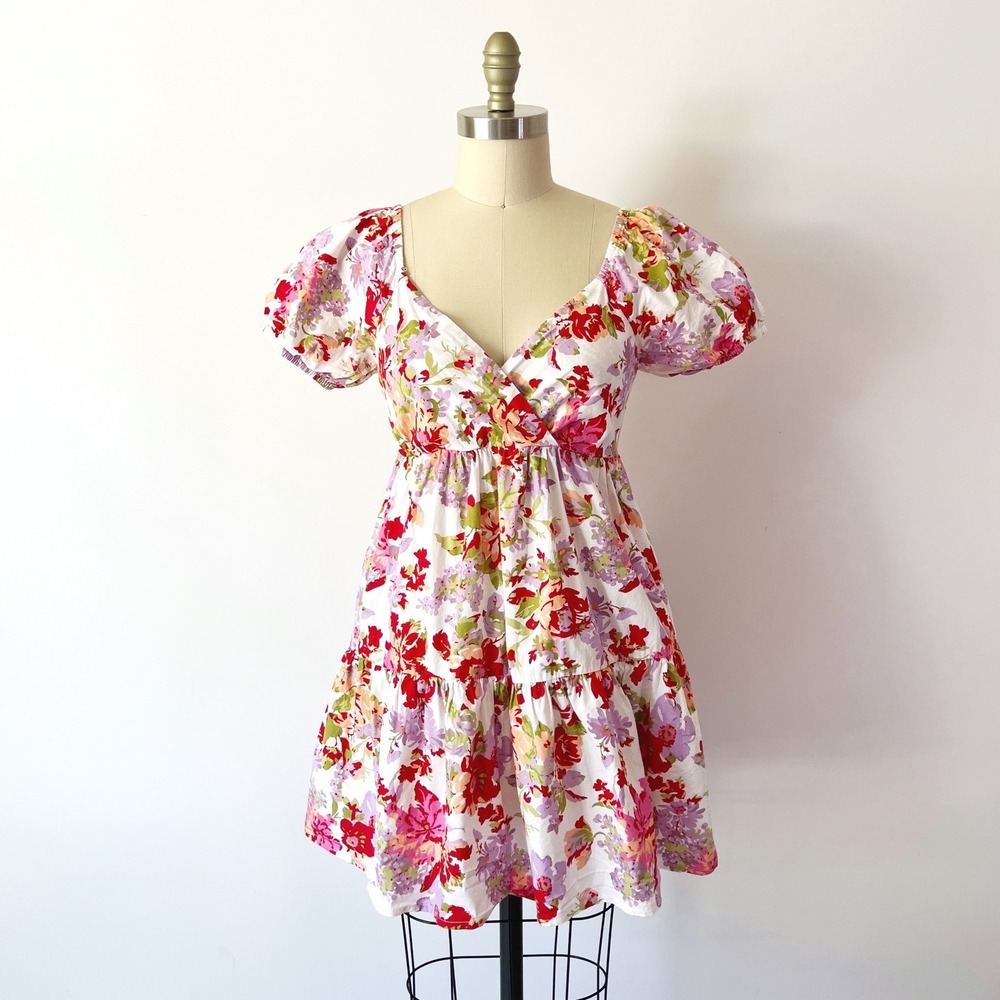 Jessica Simpson Mini Dress White Floral Puff Sleeve Tie Back Wedding Guest Small